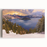 Black and white photo of Crater Lake, Oregon on stretched canvas, ideal for kitchen wall art.