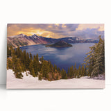 Black and white photograph of Crater Lake, Oregon on stretched canvas, suited for kitchen or bedroom decor.