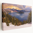 Crater Lake, Oregon scenery on large stretched canvas with vivid blue and green tones, ideal for kitchen wall art.