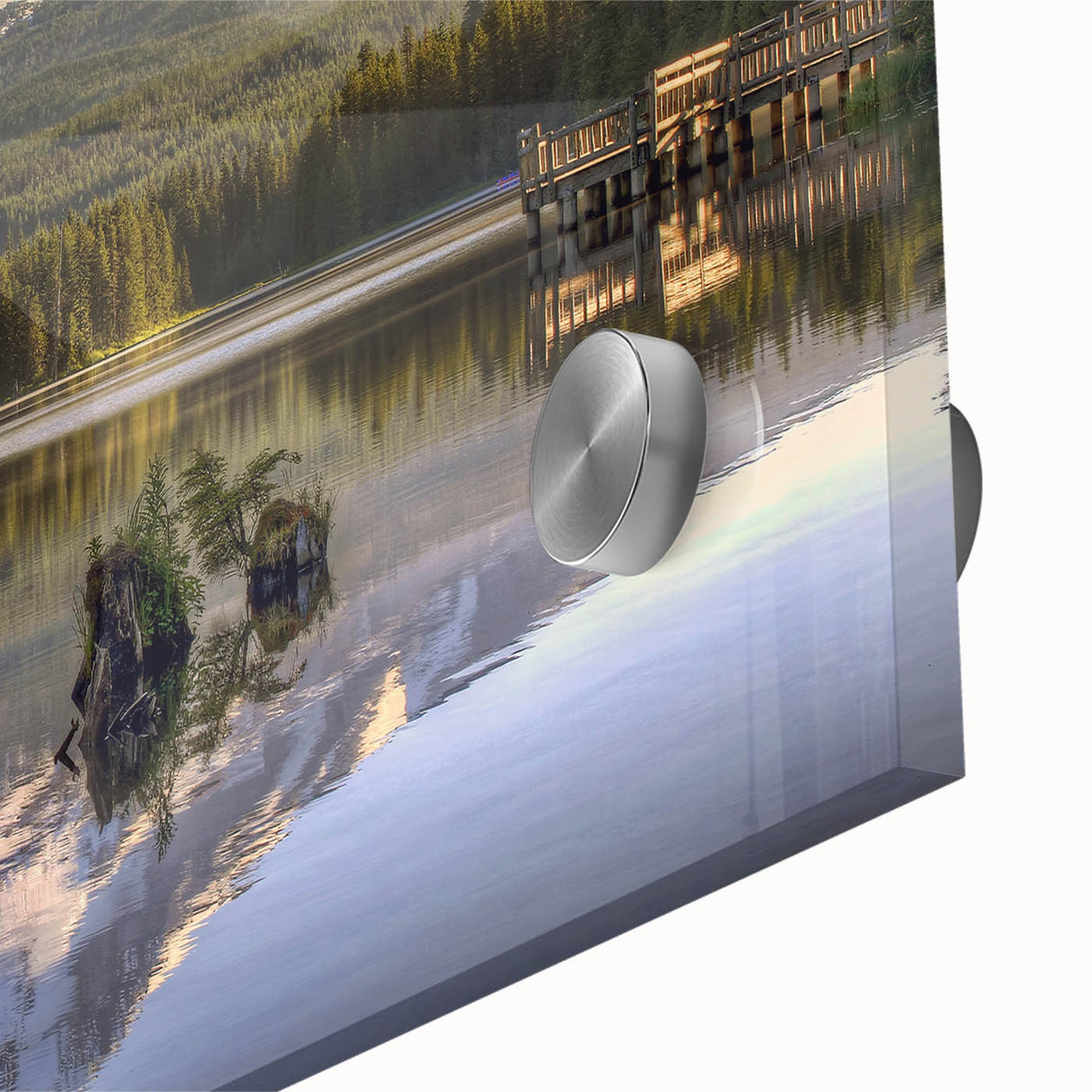 Mid-century modernist depiction of Mount Hood in muted earth tones on large acrylic glass, suitable for dining room art.