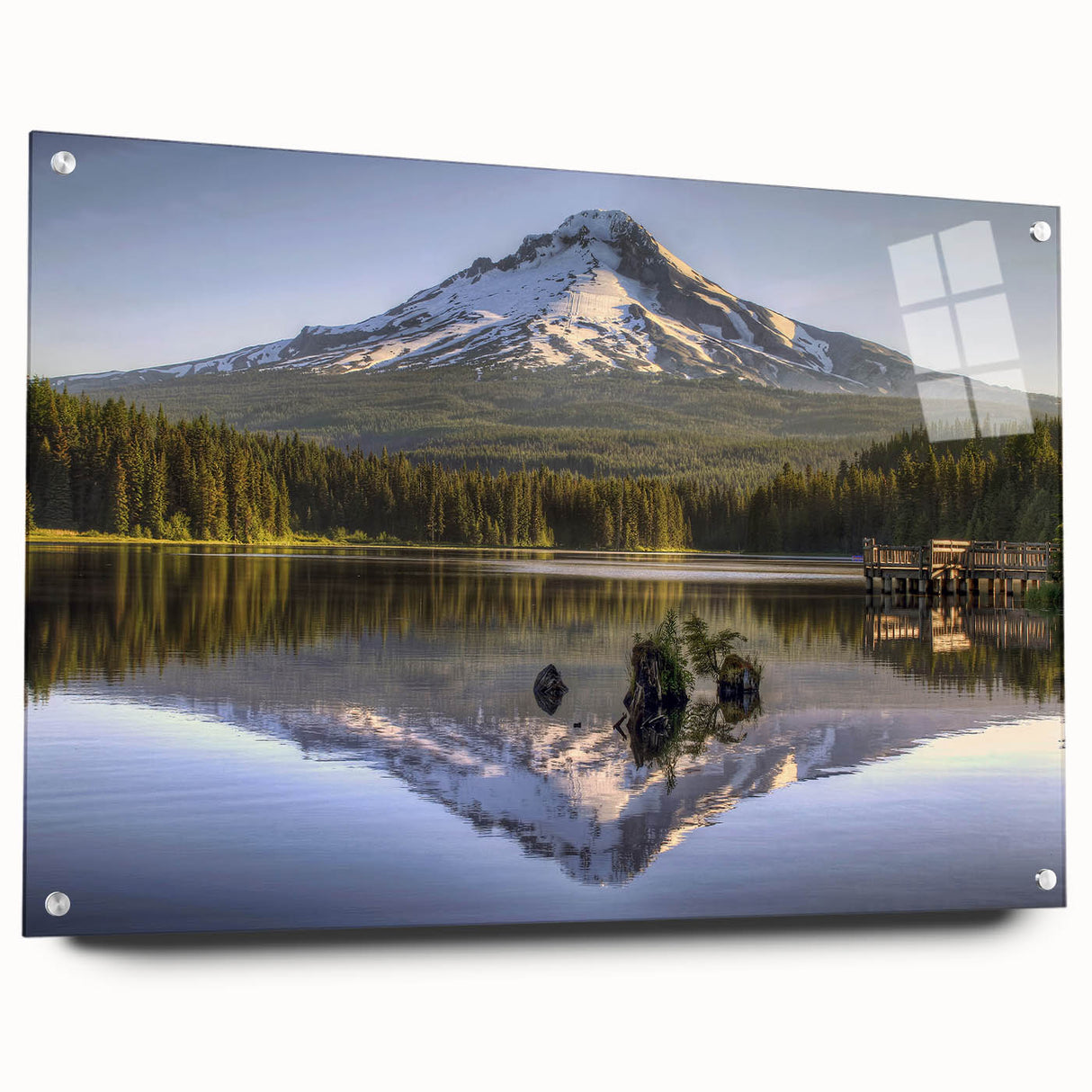 Acrylic print of Mount Hood in Oregon with muted forest and sky tones, suitable for dining room decor.