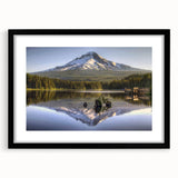 Extra large abstract art print of Mount Hood in colorful, textured style on a black framed canvas.