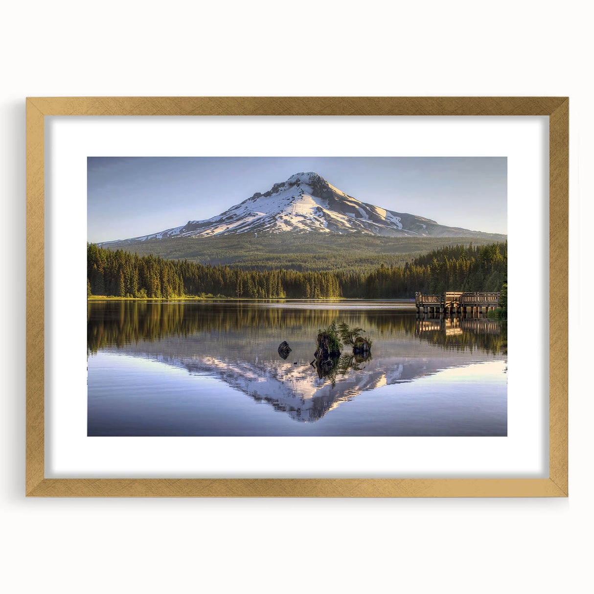 Extra large textured abstract art print of Mount Hood, Oregon, in muted earth tones on a gold-framed canvas.