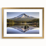 Extra large textured abstract art print of Mount Hood, Oregon, in muted earth tones on a gold-framed canvas.