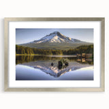 Textured art print of Mount Hood in Oregon, featuring muted earth tones on a framed silver mat, ideal for bedroom decor.