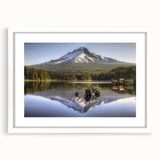 Abstract art print of Mount Hood in muted gray and blue tones on a framed white mat, ideal for bedroom or dining room decor.