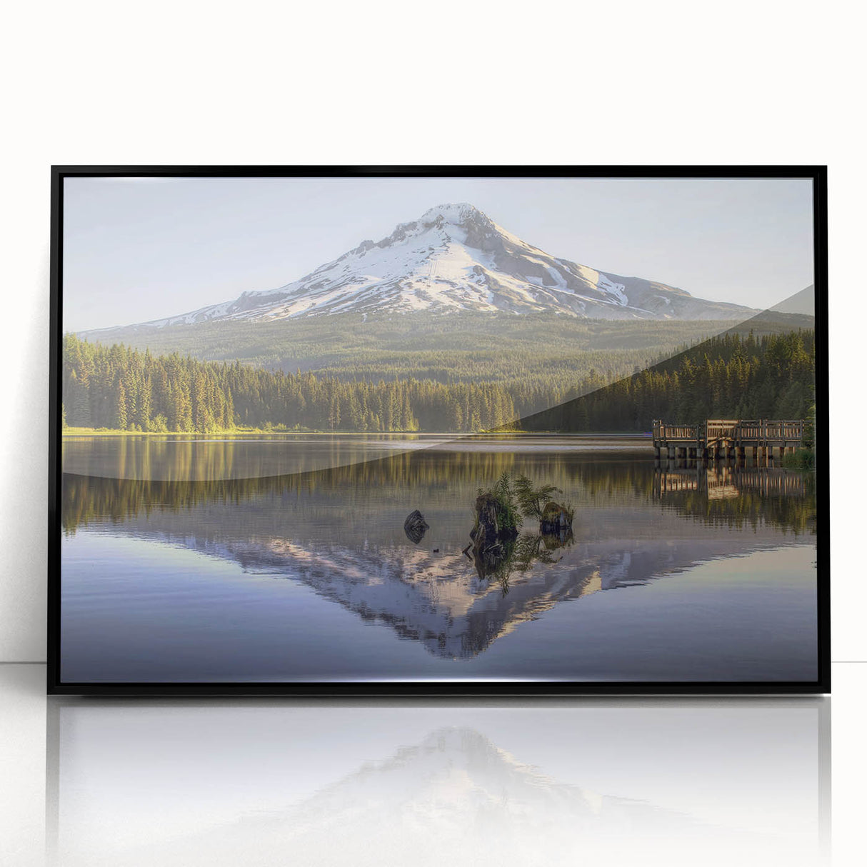 Large abstract wall art of Mount Hood in muted earth tones, framed in black acrylic, ideal for modern living room decor.