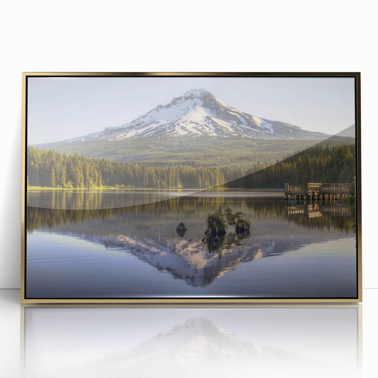 Large art print of Mount Hood, Oregon in muted earthy tones on a gold-framed acrylic, ideal for modern art wall decor.
