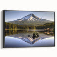 Black and white framed canvas of Mount Hood, Oregon, in a vintage poster style, ideal for bedroom wall decor.