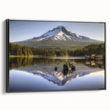 Black and white framed canvas of Mount Hood, Oregon, in a vintage poster style, ideal for bedroom wall decor.