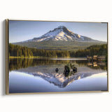 Framed canvas depicting Mount Hood, Oregon in muted earth tones, ideal for bedroom wall art.