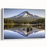 Vintage poster art of Mount Hood in Oregon, featuring a colorful palette on a framed canvas, ideal for living room decor.