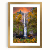 Extra large framed wall art depicting Multnomah Falls in Oregon with a textured, abstract style, ideal for living room decor.