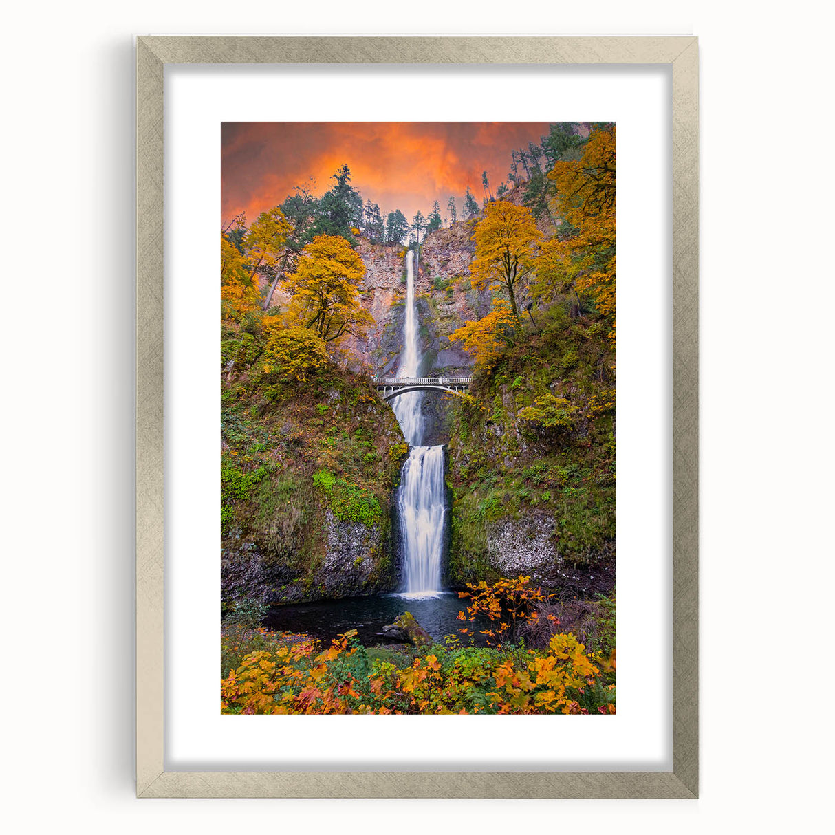 Textured art print of Multnomah Falls in Oregon, displayed in a silver frame with a mat.