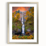 Textured art print of Multnomah Falls in Oregon, displayed in a silver frame with a mat.