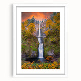 Abstract art print of Multnomah Falls in Oregon, using muted green and blue tones on a white framed canvas.