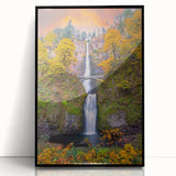 Large abstract wall art depicting Multnomah Falls in Oregon with muted earth tones on a framed acrylic.