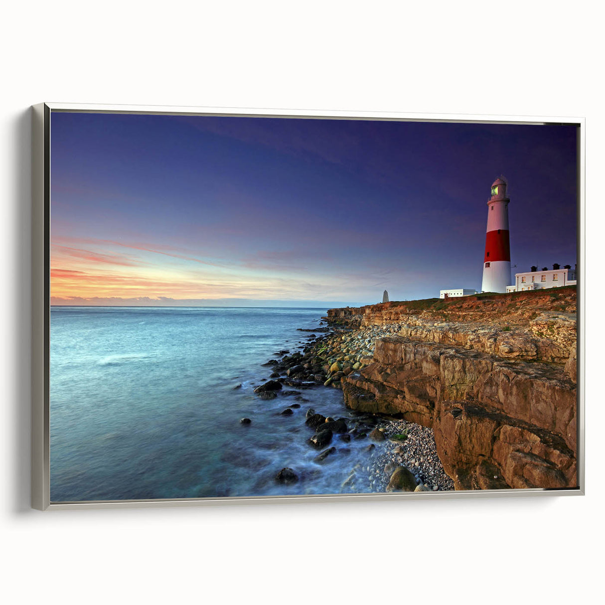 Framed canvas of a vintage-style Portland landscape, featuring colorful art on a black background.