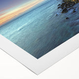 Art deco poster of Portland skyline in pastel blue and pink hues on rolled canvas, suitable for dining room wall art.