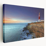 Side view of a stretched canvas depicting the Portland, Oregon skyline in muted gray and blue tones.