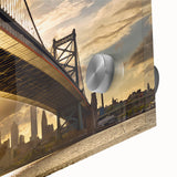 Large abstract wall art of Philadelphia skyline in muted gray and blue on acrylic glass, ideal for dining room decor.