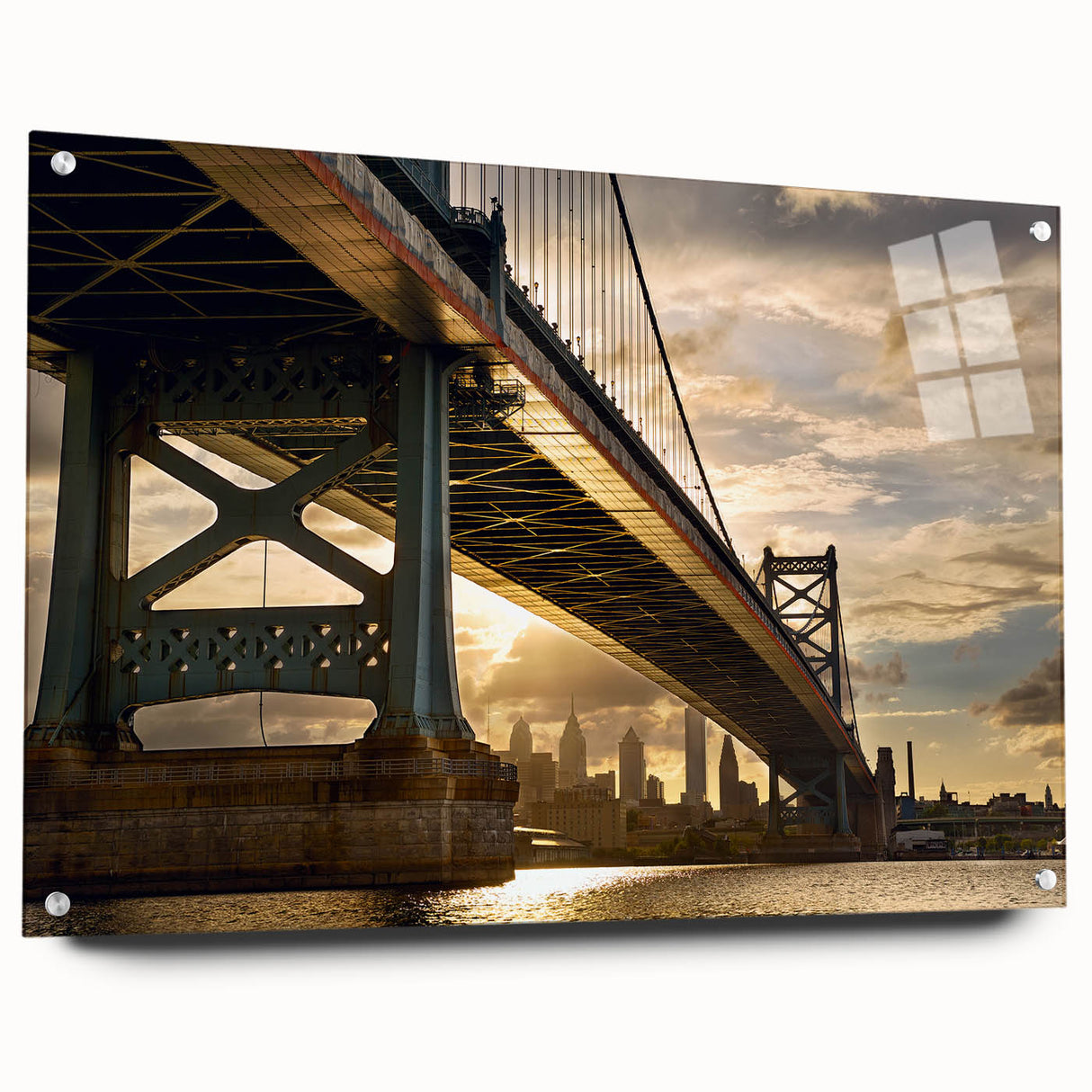 Acrylic print of Philadelphia skyline in muted gray and blue tones, ideal for dining room decor.