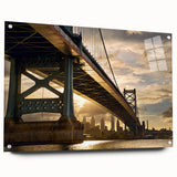 Acrylic print of Philadelphia skyline in muted gray and blue tones, ideal for dining room decor.