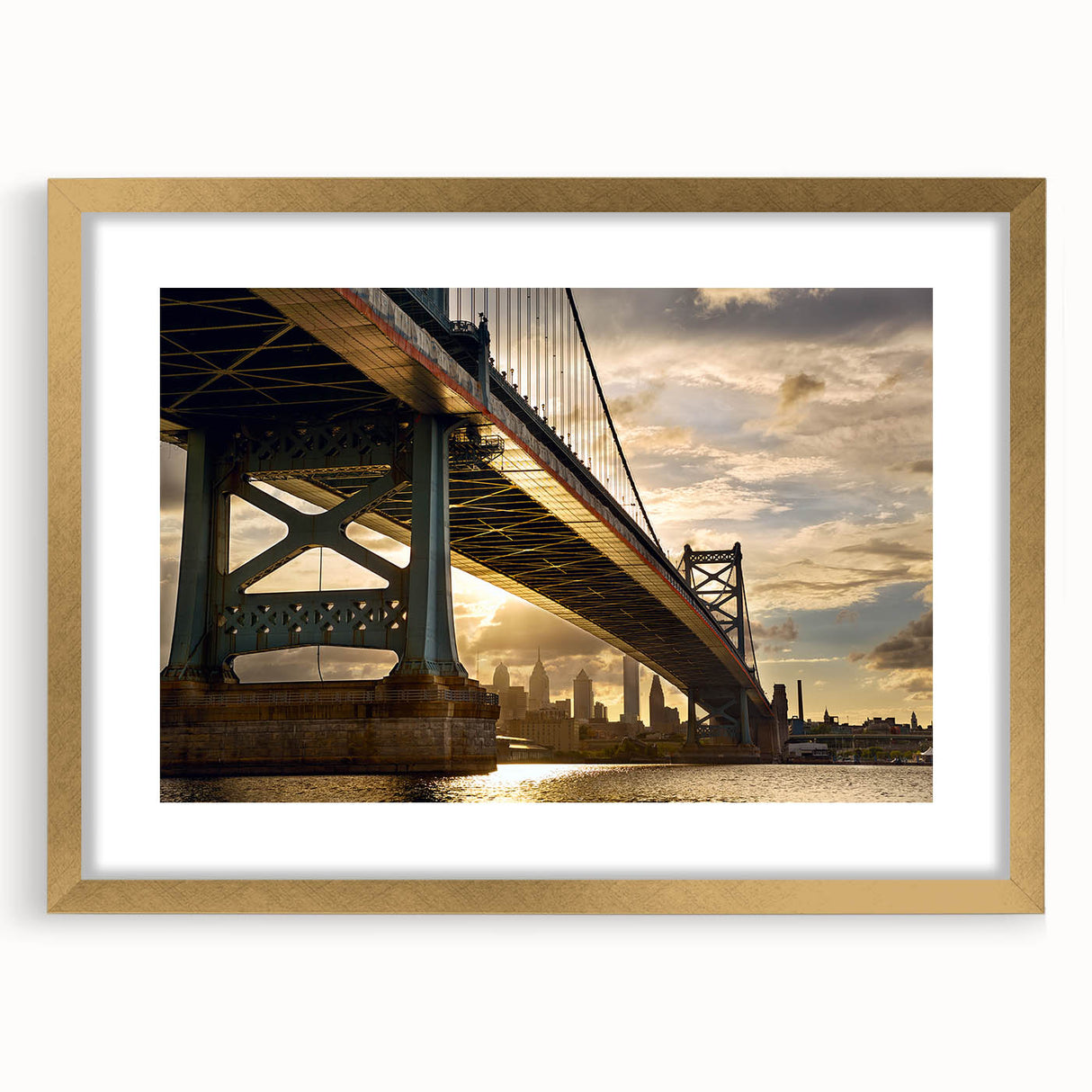 Abstract art print of Philadelphia skyline in textured gold frame, suitable as extra large wall art for living room.