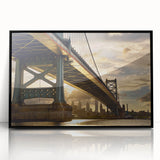 Large abstract wall art depicting Philadelphia skyline in muted gray and blue tones on a framed acrylic print.