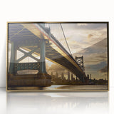 Framed acrylic print of Philadelphia skyline with gold accents in mid-century modernist style, suitable for nursery wall art.