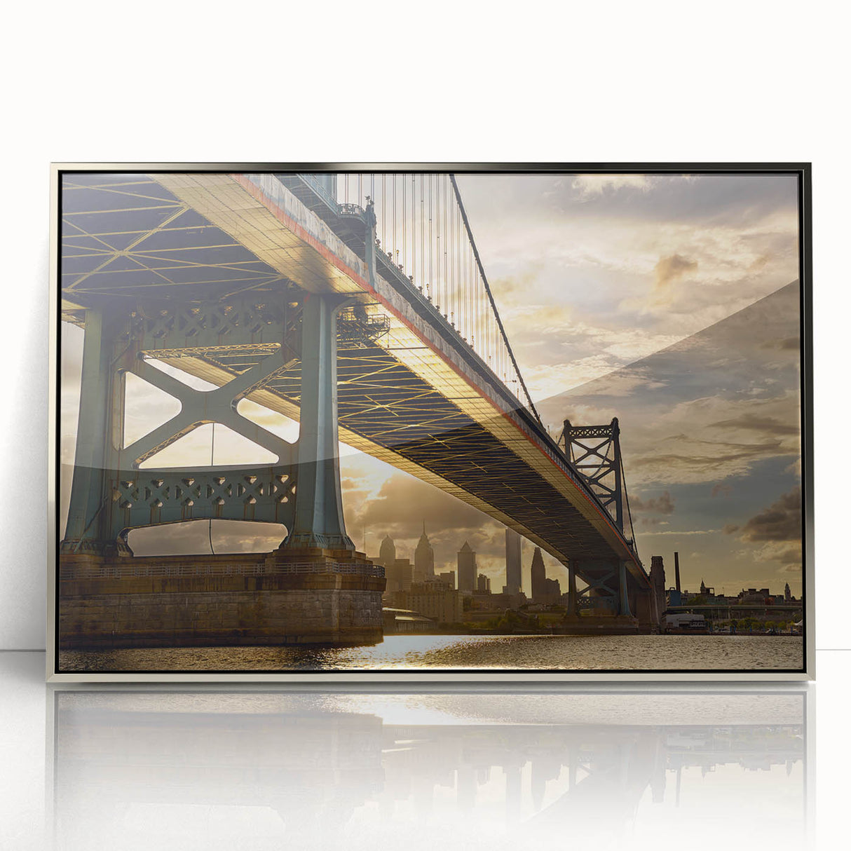 Mid-century modernist art of Philadelphia skyline in silver-framed acrylic, ideal for modern art wall decor.