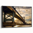 Black and white vintage poster art of Philadelphia landscape on framed canvas, suitable for bedroom wall.