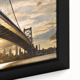 Framed canvas featuring a textured depiction of the Philadelphia skyline in black with colorful accents.