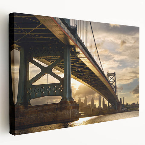 Philadelphia skyline in muted blue and gray tones on stretched canvas, suitable for kitchen wall art.