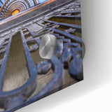 Large abstract depiction of Pittsburgh in muted tones on acrylic glass, suitable as dining room art.