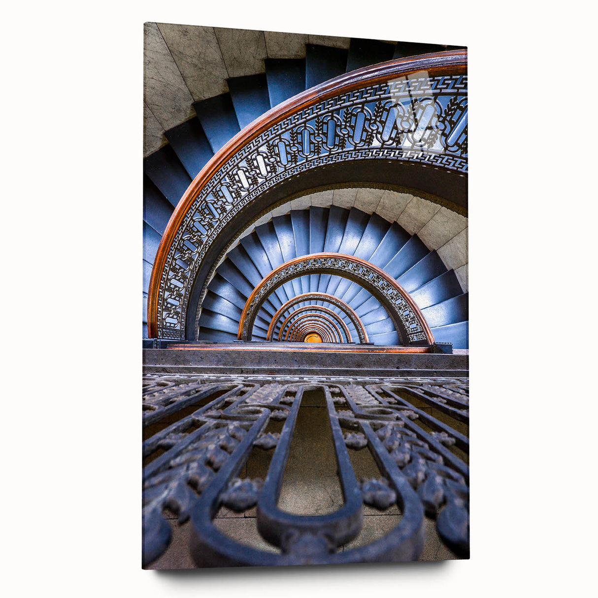Acrylic print of a large abstract depiction of Pittsburgh skyline in muted blue tones.