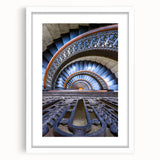 Abstract art print of Pittsburgh skyline in muted gray and blue tones on a framed white mat.