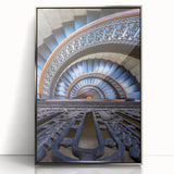 Mid-century modernist art of Pittsburgh skyline in muted gray and blue tones on a silver-framed acrylic print.