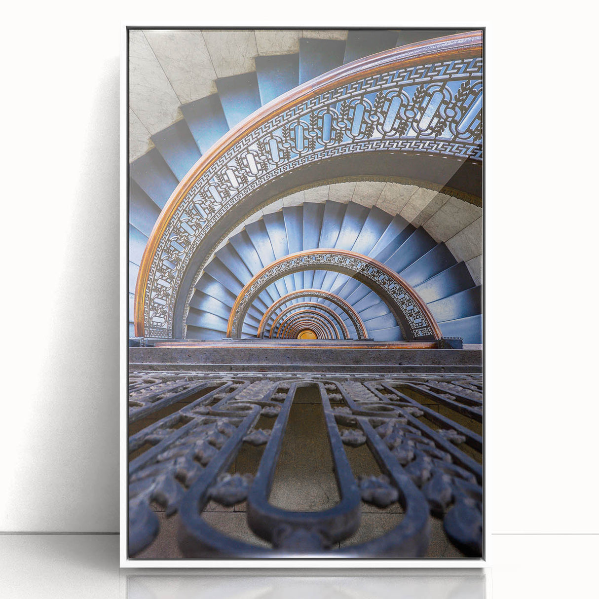 Acrylic print of Pittsburgh skyline in muted gray and blue tones, framed in white, suitable for modern art wall decor.