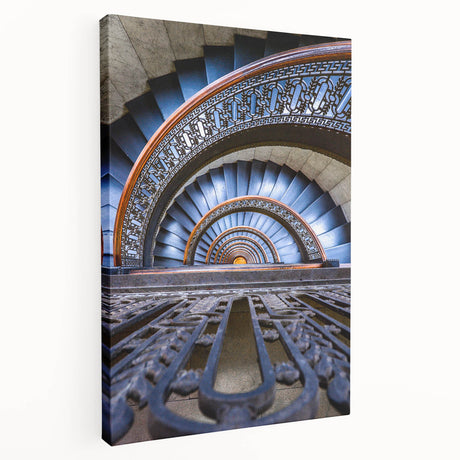 Large art print of Pittsburgh skyline in muted gray and blue tones on stretched canvas, ideal for kitchen wall art.