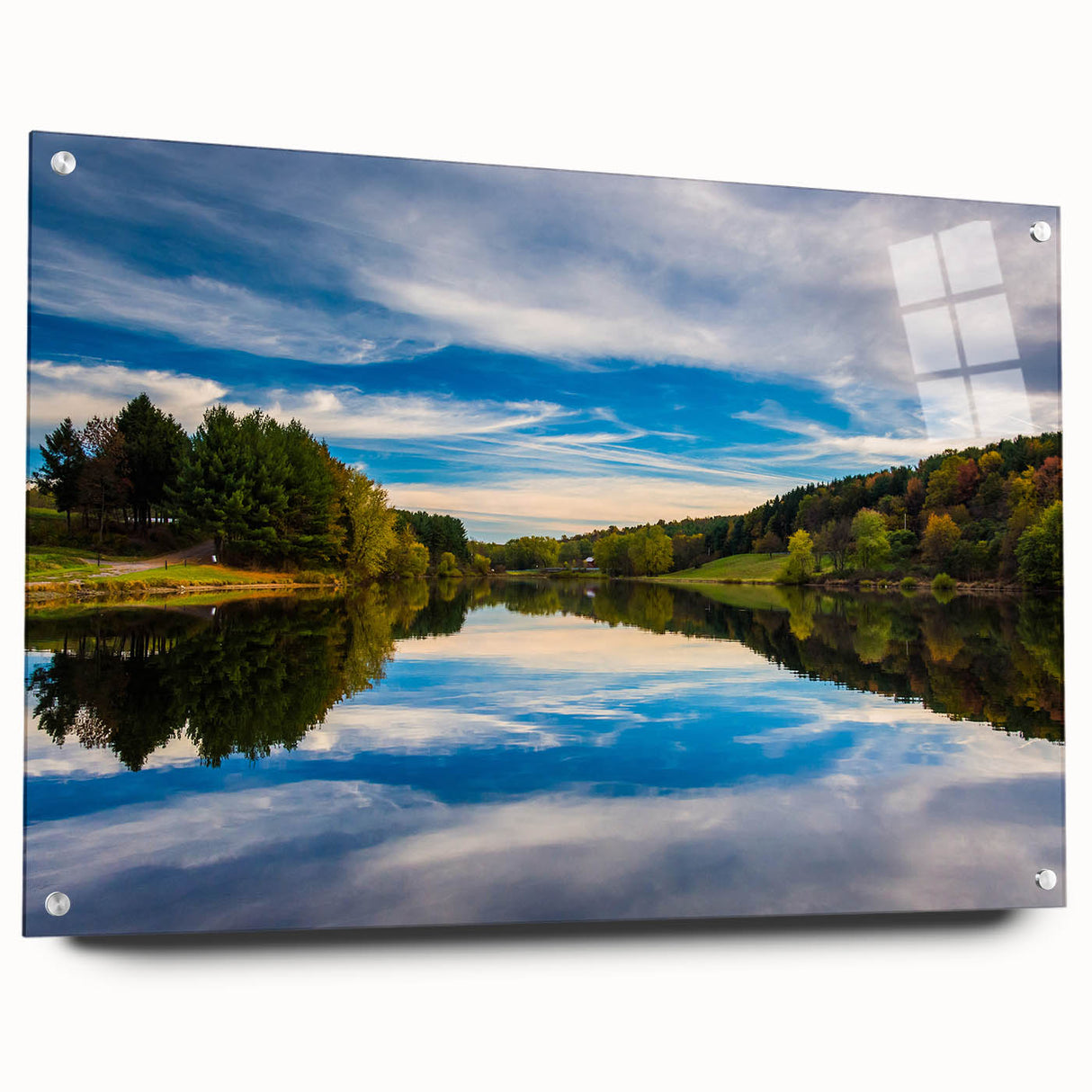 Acrylic print of a large abstract depiction of Pennsylvania scenery in muted earth tones.