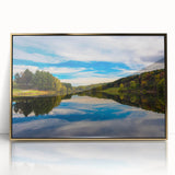 Framed acrylic print of a Pennsylvania landscape in mid-century modernist style, with muted earth tones.