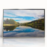 Mid-century modernist art depicting the Pennsylvania scenery, framed acrylic print in silver, ideal for nursery wall art.