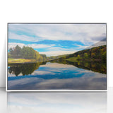 Art deco poster of Pennsylvania scenery in muted blue and green hues, framed acrylic, ideal for nursery wall art.