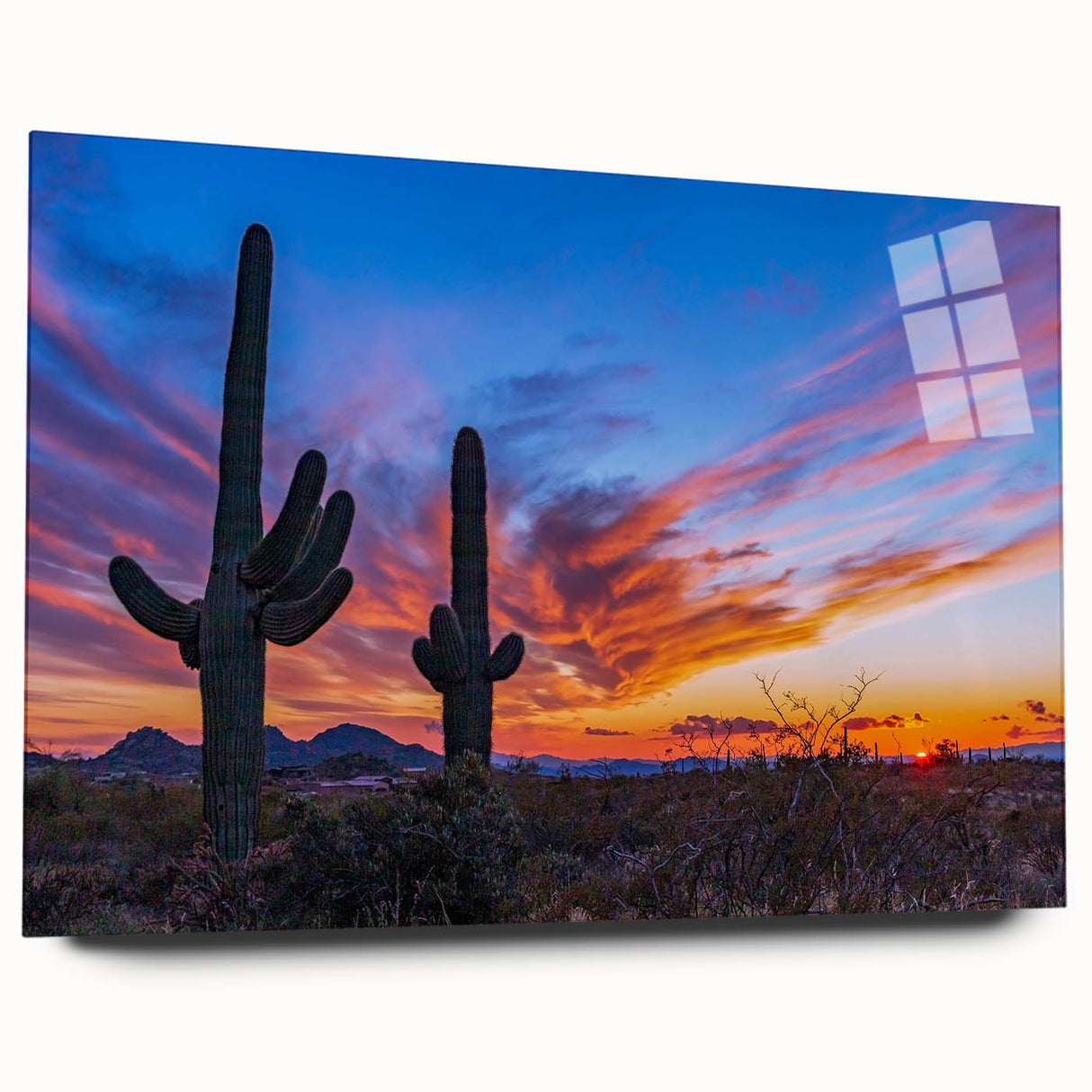 Large abstract depiction of the Phoenix Valley in muted earth tones on an acrylic glass.