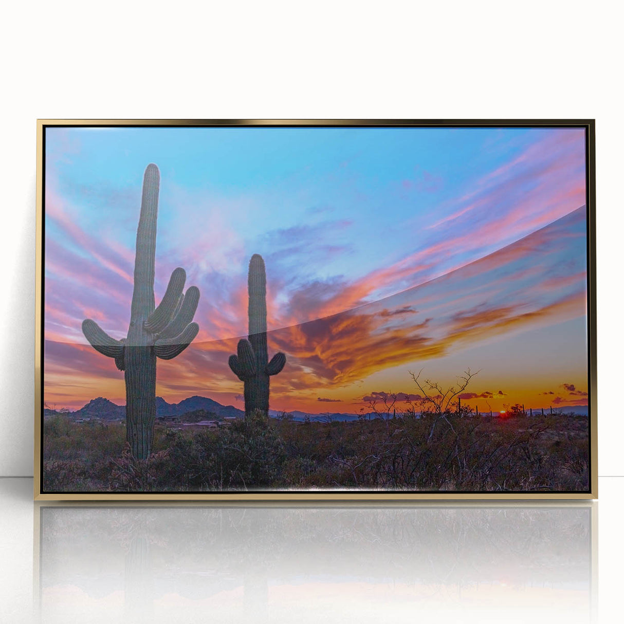 Mid-century modernist art of Phoenix valley in muted earth tones on a framed acrylic, suitable for modern art wall decor.