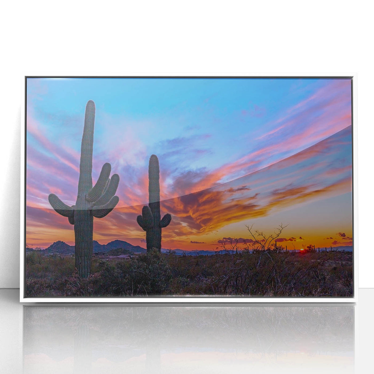 Acrylic print of Phoenix valley scenery in art deco style with muted earth tones, ideal for modern art wall decor.