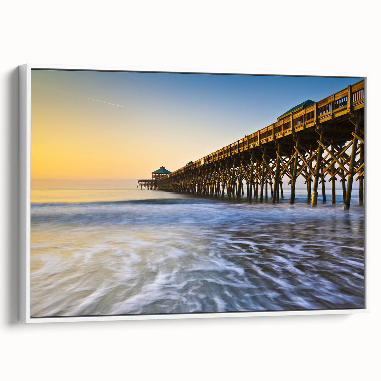 Vintage poster art of Charleston, South Carolina on framed canvas, featuring colorful art in a black and white palette.