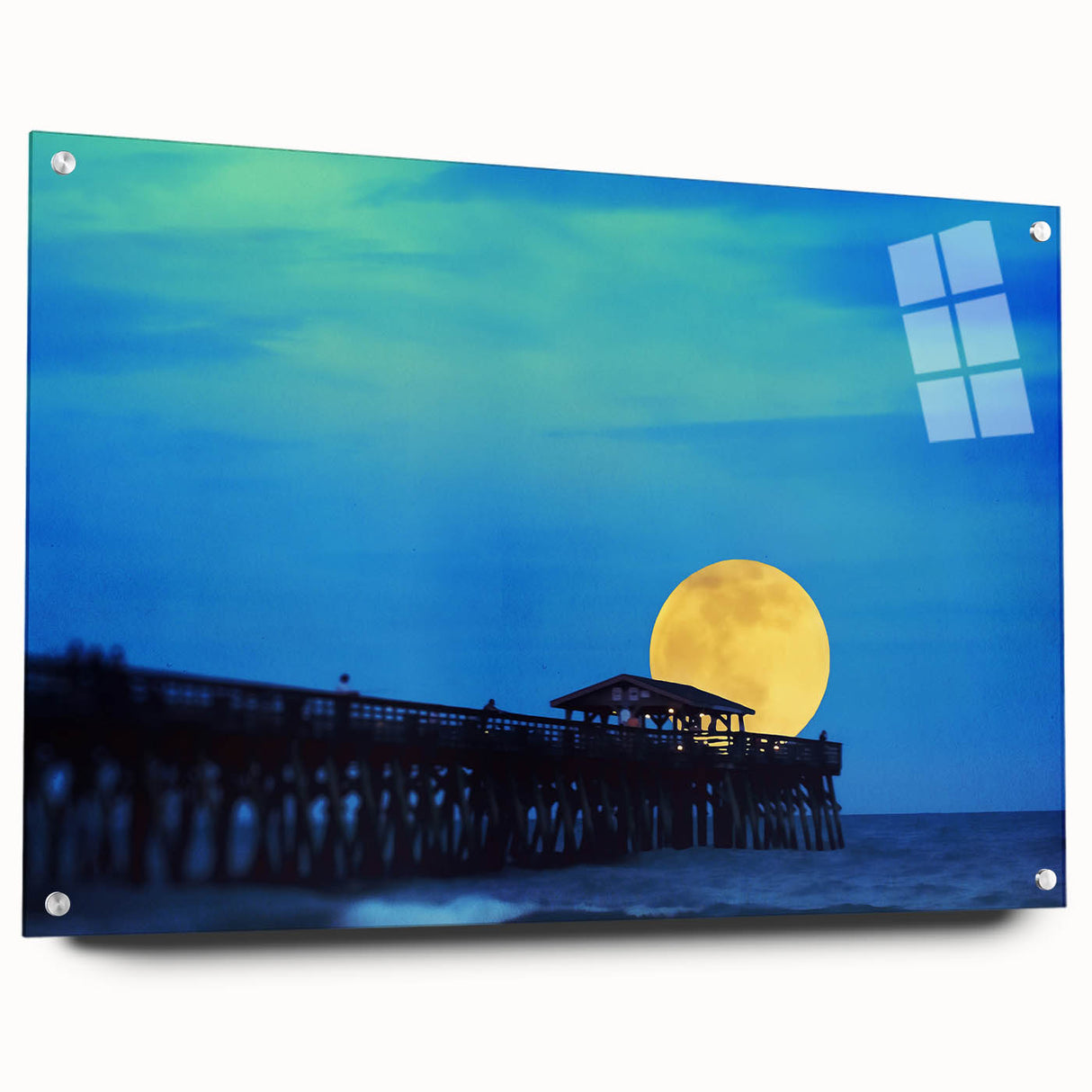 Large abstract wall art depicting the South Carolina coast in muted blue and green tones on acrylic glass.