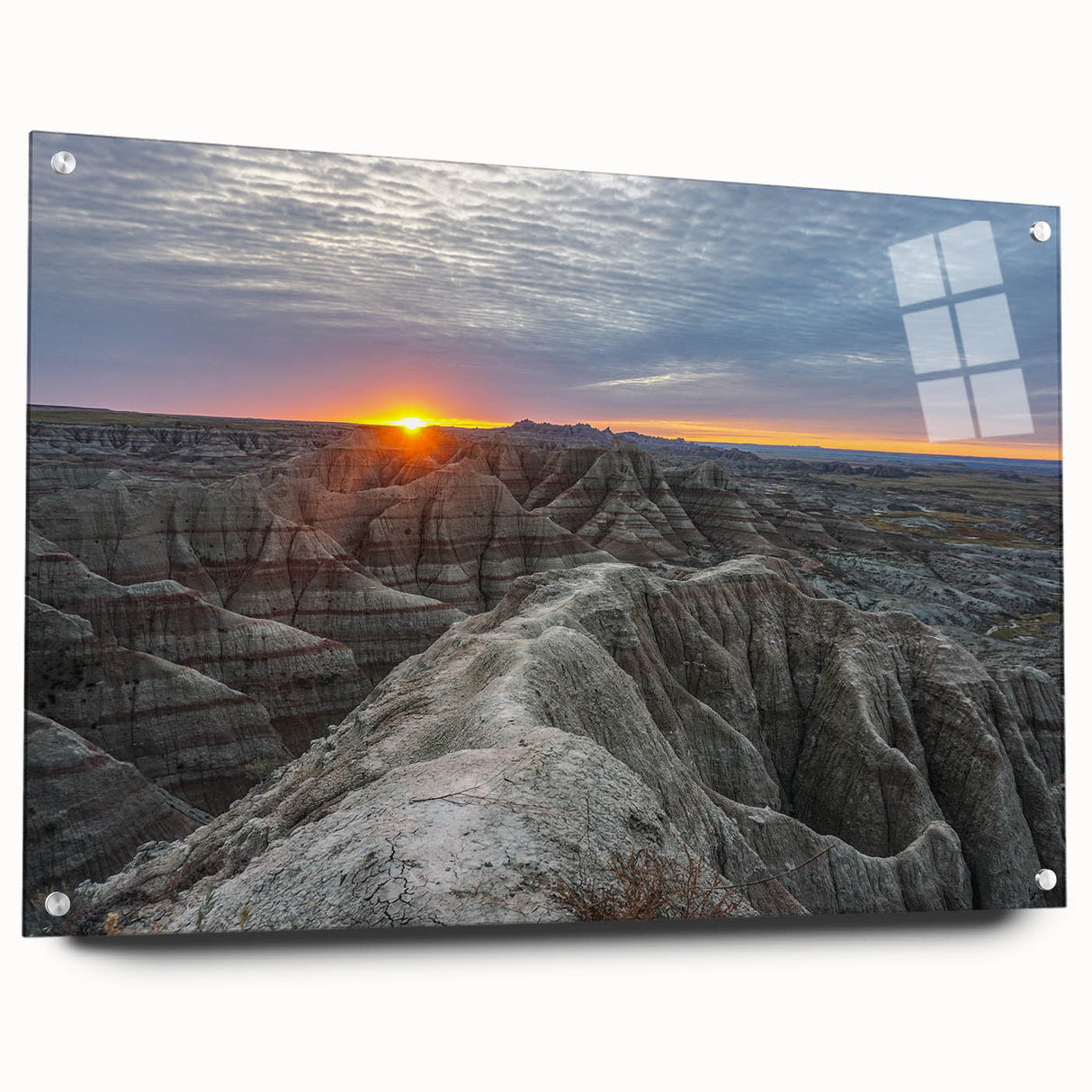 Acrylic print of the South Dakota Badlands in muted earth tones, suitable for bedroom or dining room decor.